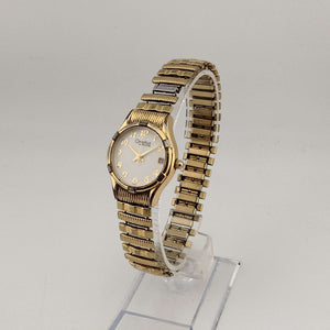I Like Mikes Mid Century Modern Watches Caravelle by Bulova Unisex Gold Tone Quartz Watch, White Round Dial, Date Window, Stretch Strap