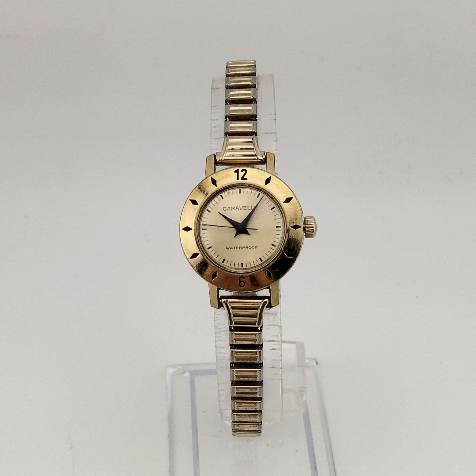 I Like Mikes Mid Century Modern Watches Caravelle by Bulova Women's Gold Tone Automatic Watch, Bezel Detail, Round Dial, Stretch Strap