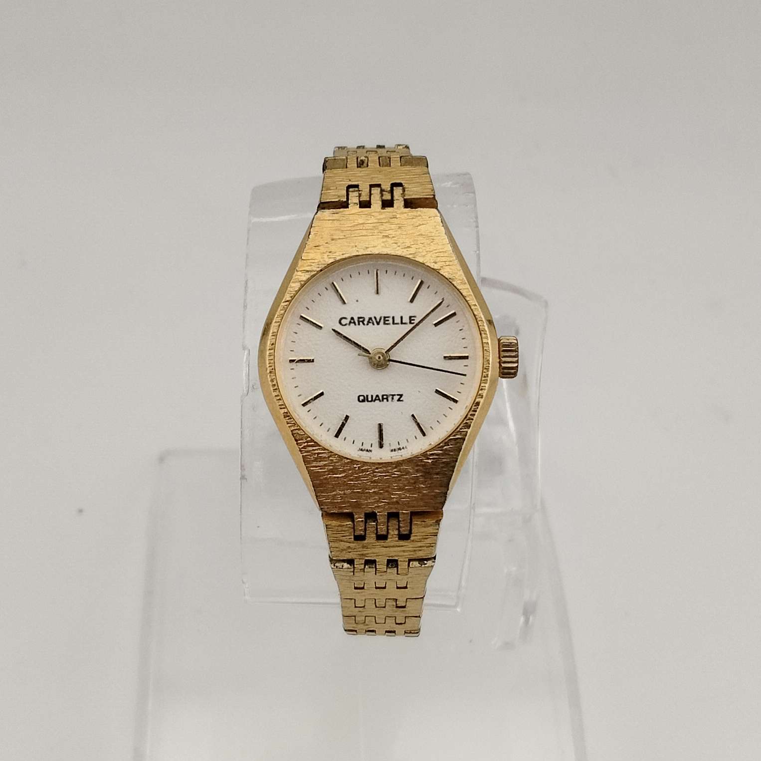 I Like Mikes Mid Century Modern Watches Caravelle by Bulova Women's Gold Tone Quartz Watch, White Round Dial, Bracelet Strap