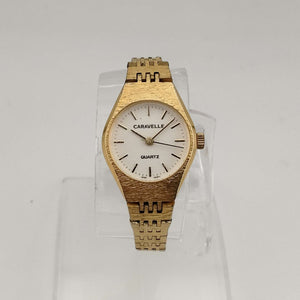 I Like Mikes Mid Century Modern Watches Caravelle by Bulova Women's Gold Tone Quartz Watch, White Round Dial, Bracelet Strap