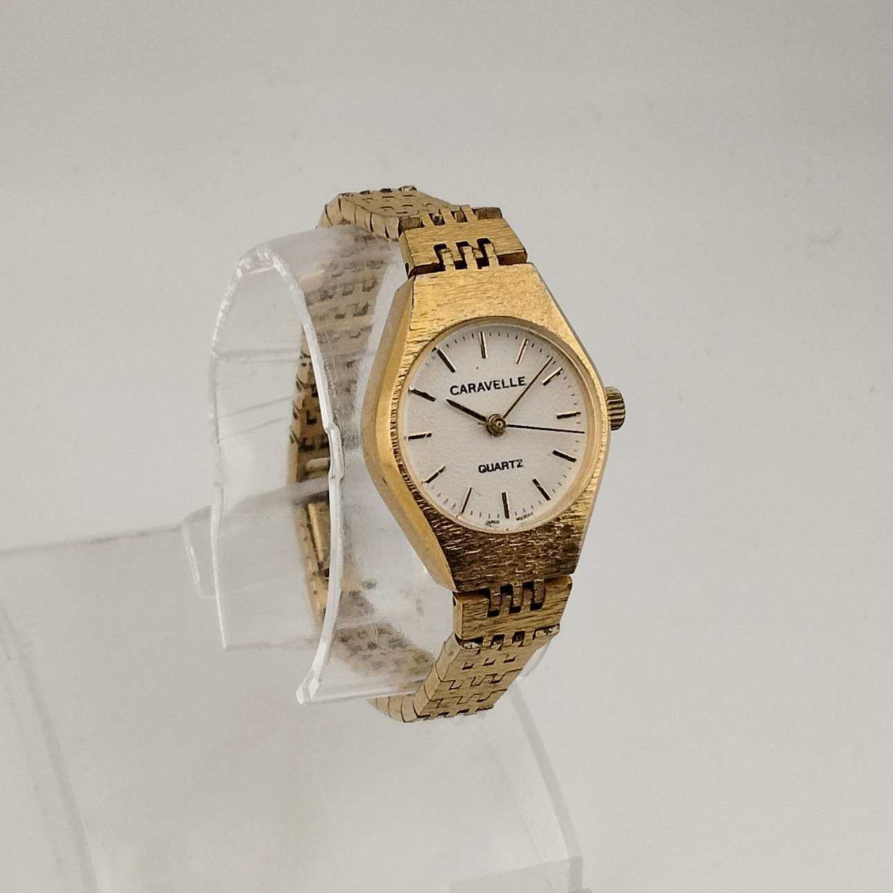 I Like Mikes Mid Century Modern Watches Caravelle by Bulova Women's Gold Tone Quartz Watch, White Round Dial, Bracelet Strap