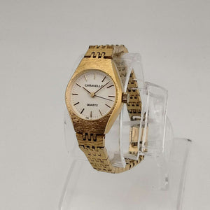 I Like Mikes Mid Century Modern Watches Caravelle by Bulova Women's Gold Tone Quartz Watch, White Round Dial, Bracelet Strap