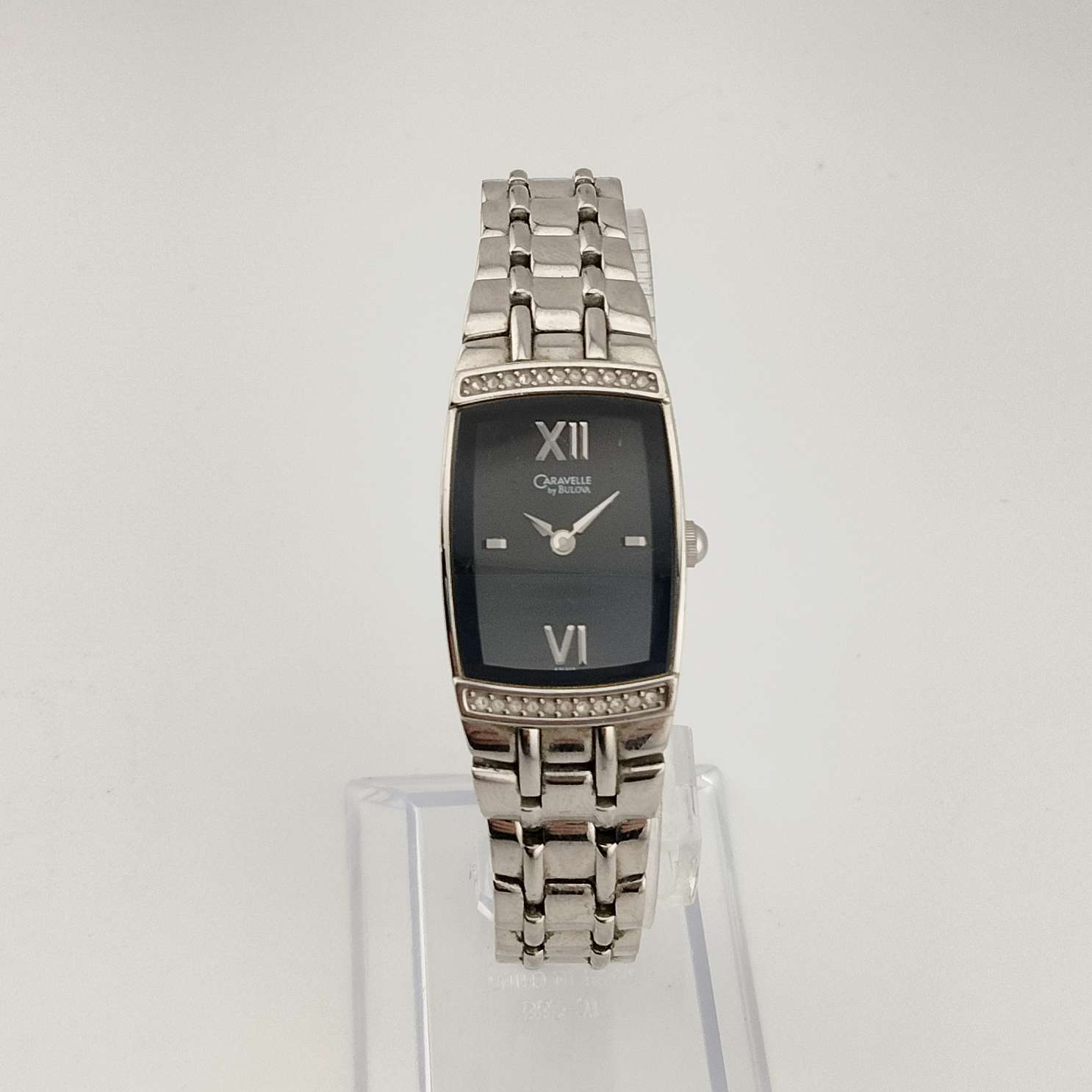 I Like Mikes Mid Century Modern Watches Caravelle by Bulova Women's Watch, Silver Tone, Black Rectangular Dial, Bracelet Strap