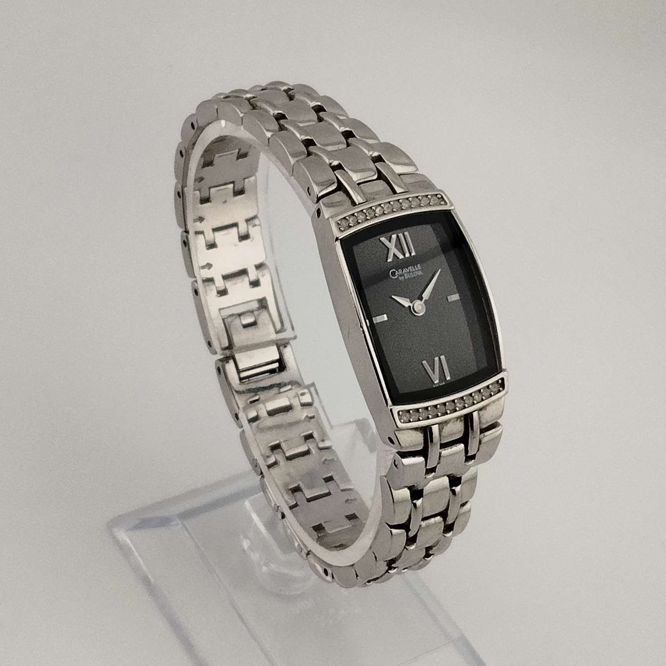 I Like Mikes Mid Century Modern Watches Caravelle by Bulova Women's Watch, Silver Tone, Black Rectangular Dial, Bracelet Strap