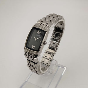 I Like Mikes Mid Century Modern Watches Caravelle by Bulova Women's Watch, Silver Tone, Black Rectangular Dial, Bracelet Strap