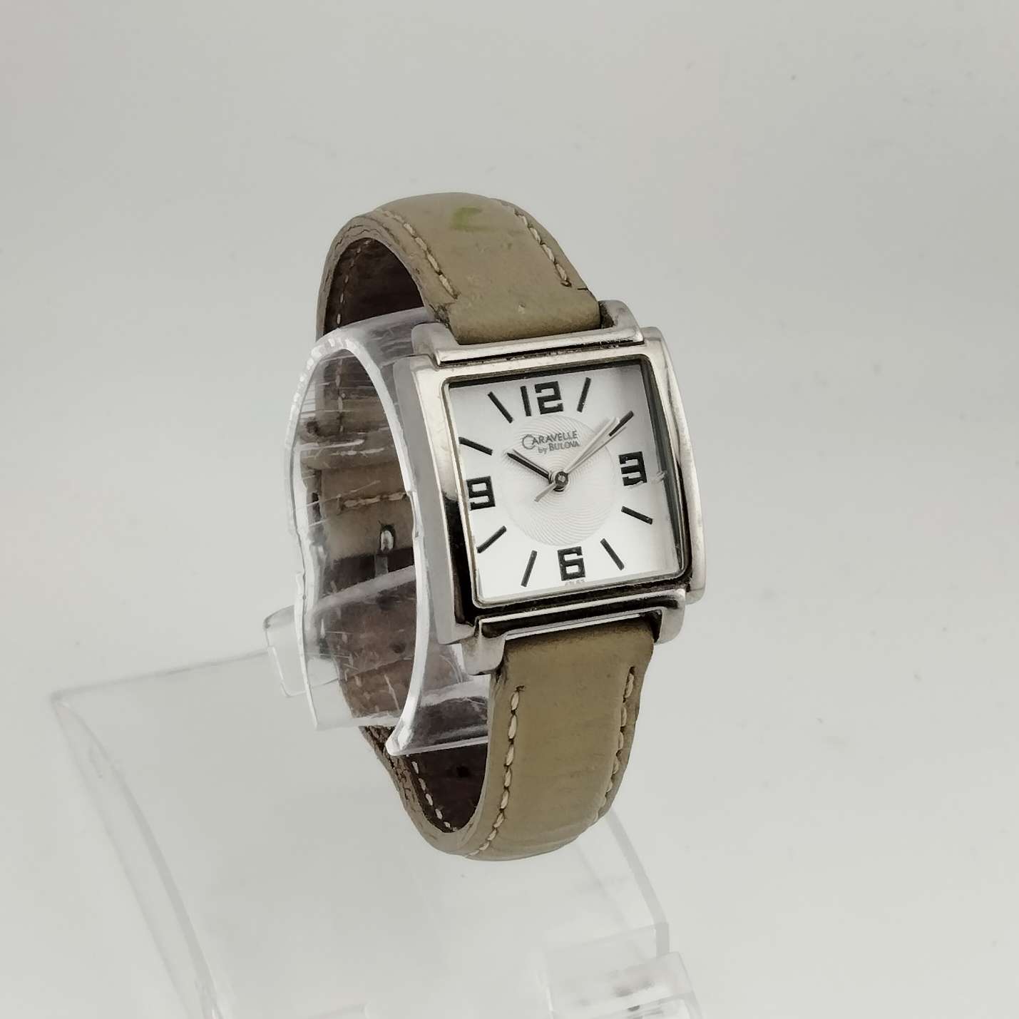 I Like Mikes Mid Century Modern Watches Caravelle by Bulova Women's Watch,  Silver Tone Square Dial, Beige Genuine Leather Strap