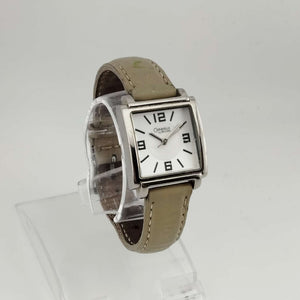 I Like Mikes Mid Century Modern Watches Caravelle by Bulova Women's Watch,  Silver Tone Square Dial, Beige Genuine Leather Strap
