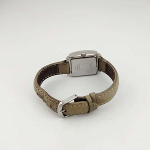 I Like Mikes Mid Century Modern Watches Caravelle by Bulova Women's Watch,  Silver Tone Square Dial, Beige Genuine Leather Strap