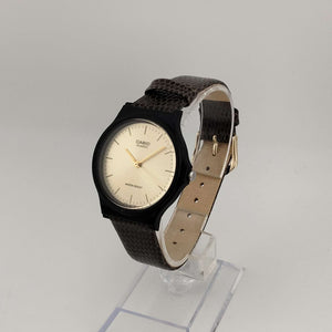 I Like Mikes Mid Century Modern Watches Casio Men's Gold Tone Quartz Watch, Round Dial, Black Lizard Grain Leather Strap