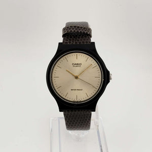 I Like Mikes Mid Century Modern Watches Casio Men's Gold Tone Quartz Watch, Round Dial, Black Lizard Grain Leather Strap