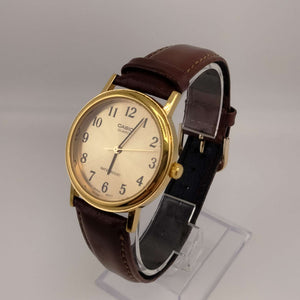 I Like Mikes Mid Century Modern Watches Casio Men's Gold Tone Quartz Watch, Round Dial, Brown Genuine Leather Strap