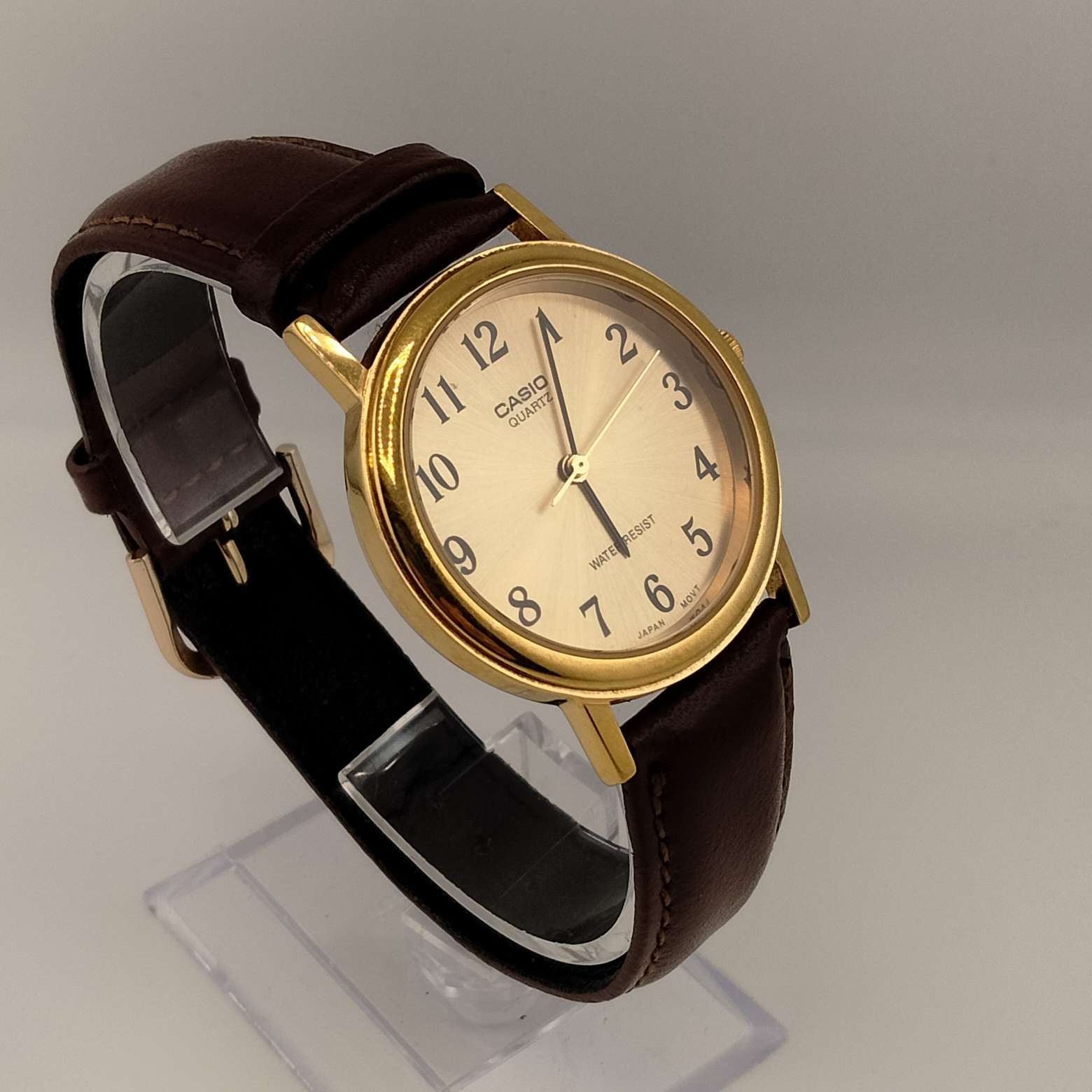 I Like Mikes Mid Century Modern Watches Casio Men's Gold Tone Quartz Watch, Round Dial, Brown Genuine Leather Strap