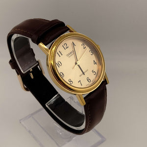 I Like Mikes Mid Century Modern Watches Casio Men's Gold Tone Quartz Watch, Round Dial, Brown Genuine Leather Strap