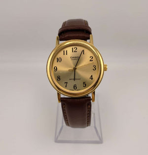 I Like Mikes Mid Century Modern Watches Casio Men's Gold Tone Quartz Watch, Round Dial, Brown Genuine Leather Strap