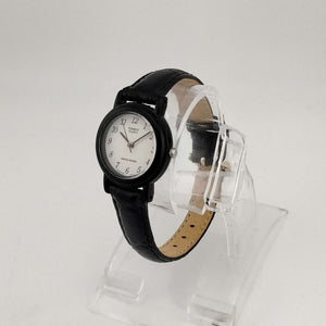 I Like Mikes Mid Century Modern Watches Casio Men's Quartz Watch, Round White Dial, Black Croco Grain Leather Strap