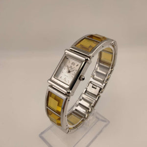 I Like Mikes Mid Century Modern Watches Cenere Women's Silver Tone Watch, Rectangular Dial, Amber Glass and Metal Strap