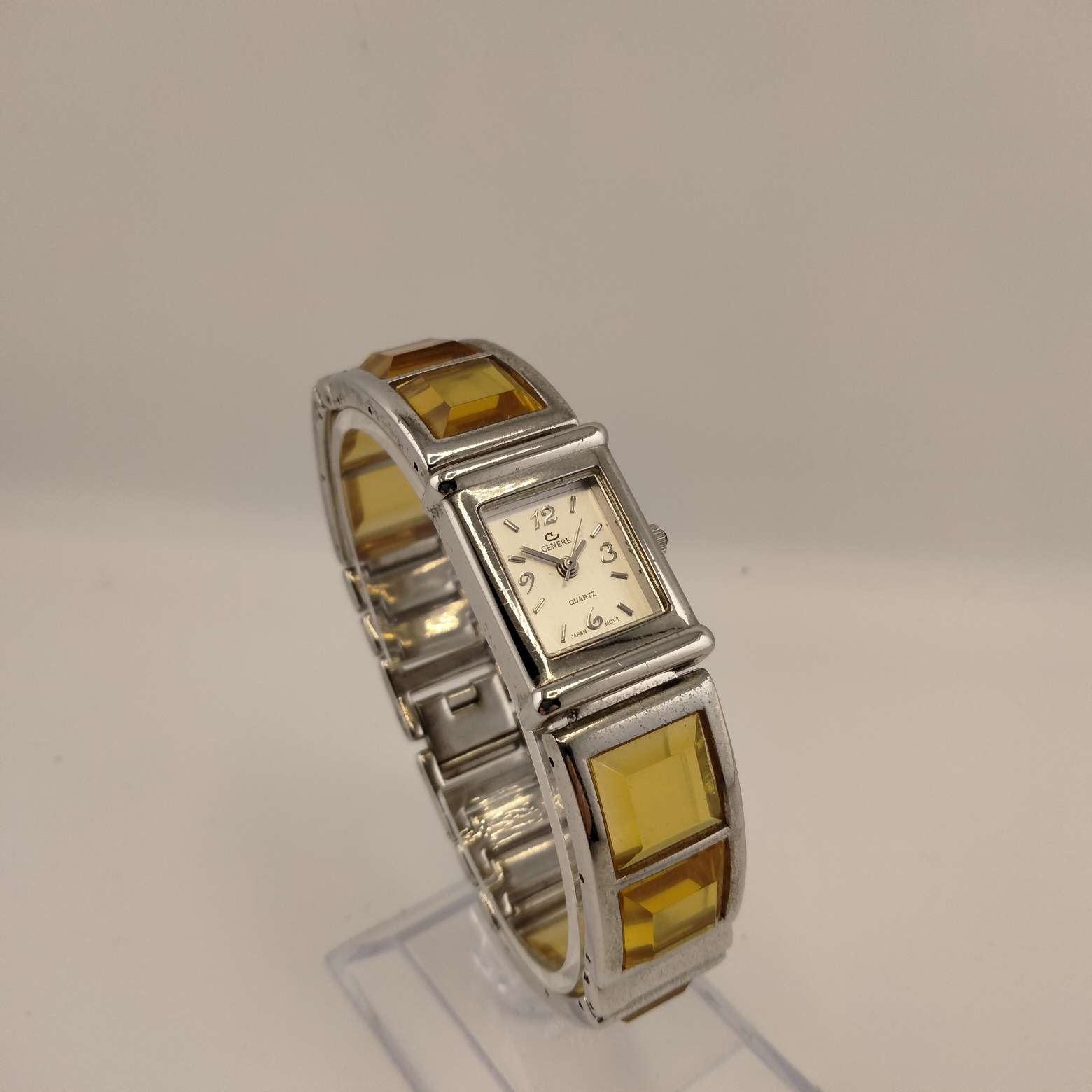 I Like Mikes Mid Century Modern Watches Cenere Women's Silver Tone Watch, Rectangular Dial, Amber Glass and Metal Strap