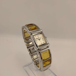 I Like Mikes Mid Century Modern Watches Cenere Women's Silver Tone Watch, Rectangular Dial, Amber Glass and Metal Strap