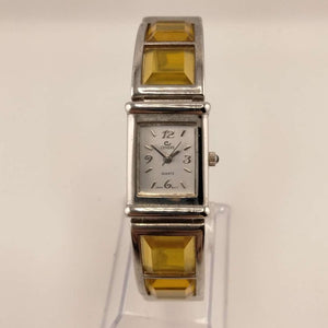 I Like Mikes Mid Century Modern Watches Cenere Women's Silver Tone Watch, Rectangular Dial, Amber Glass and Metal Strap