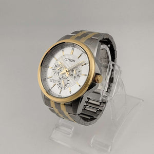 I Like Mikes Mid Century Modern Watches Citizen Large Men's Silver and Gold Tone Quartz Watch, Chronograph Feature, Bracelet Strap