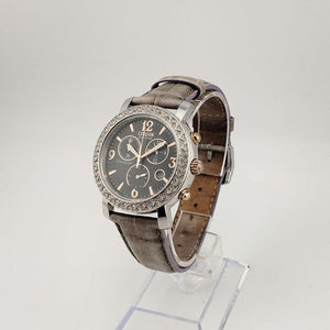 I Like Mikes Mid Century Modern Watches Citizen Large Silver Tone Eco-Drive Watch, Copper Accents, Chronograph Feature, Grey Genuine Leather Strap