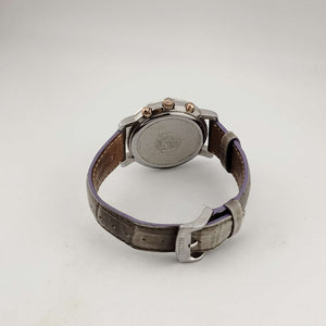 I Like Mikes Mid Century Modern Watches Citizen Large Silver Tone Eco-Drive Watch, Copper Accents, Chronograph Feature, Grey Genuine Leather Strap