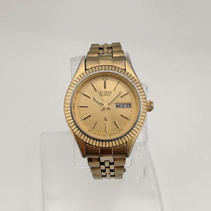 I Like Mikes Mid Century Modern Watches Citizen Men's All Gold Tone Quartz Watch, Circular Dial, Date and Day Window, Link Strap