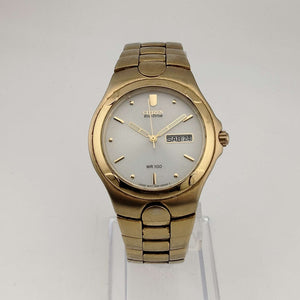 I Like Mikes Mid Century Modern Watches Citizen Men's Gold Tone Eco-Drive Watch, Date and Day Window, Bracelet Strap