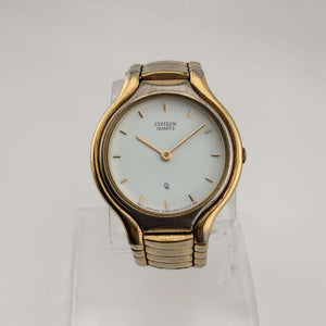 I Like Mikes Mid Century Modern Watches Citizen Men's Gold Tone Quartz Watch, Circular White Dial, Purple Font, Bracelet Strap