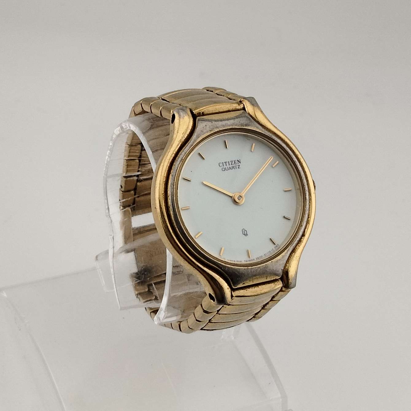 I Like Mikes Mid Century Modern Watches Citizen Men's Gold Tone Quartz Watch, Circular White Dial, Purple Font, Bracelet Strap