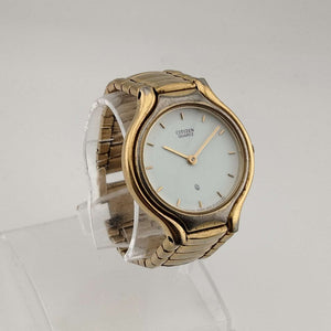 I Like Mikes Mid Century Modern Watches Citizen Men's Gold Tone Quartz Watch, Circular White Dial, Purple Font, Bracelet Strap