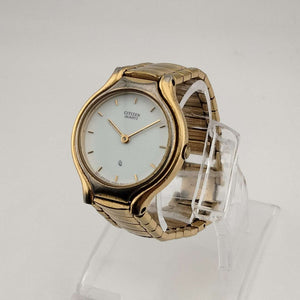I Like Mikes Mid Century Modern Watches Citizen Men's Gold Tone Quartz Watch, Circular White Dial, Purple Font, Bracelet Strap