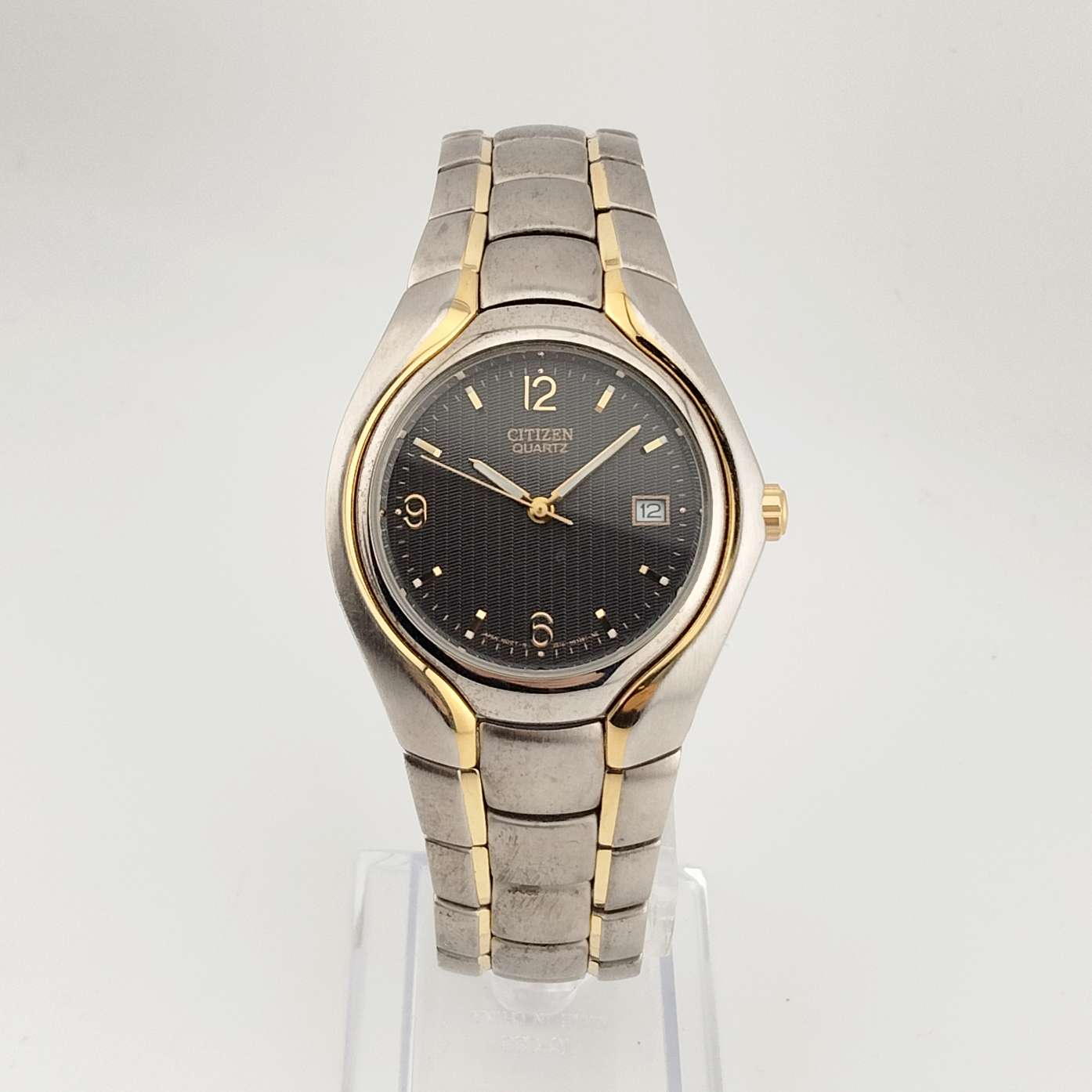 I Like Mikes Mid Century Modern Watches Citizen Men's Large Silver Tone Quartz Watch, Gold Tone Accents, Circular Black Dial, Date Window, Bracelet Strap