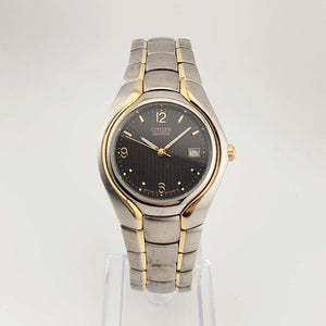 I Like Mikes Mid Century Modern Watches Citizen Men's Large Silver Tone Quartz Watch, Gold Tone Accents, Circular Black Dial, Date Window, Bracelet Strap