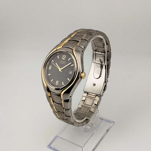 I Like Mikes Mid Century Modern Watches Citizen Men's Large Silver Tone Quartz Watch, Gold Tone Accents, Circular Black Dial, Date Window, Bracelet Strap