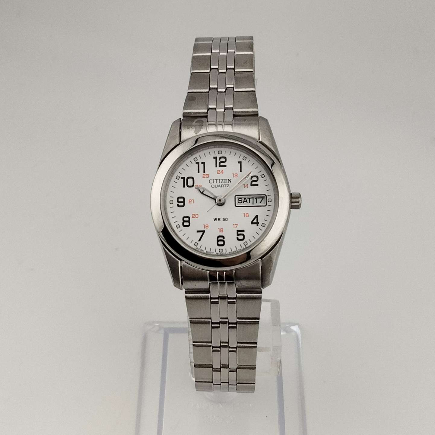 I Like Mikes Mid Century Modern Watches Citizen Men's Silver Tone Quartz Watch, Red Detail, Date and Day Window, Bracelet Strap