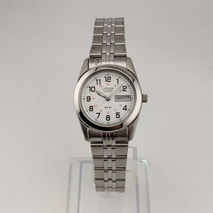 I Like Mikes Mid Century Modern Watches Citizen Men's Silver Tone Quartz Watch, Red Detail, Date and Day Window, Bracelet Strap