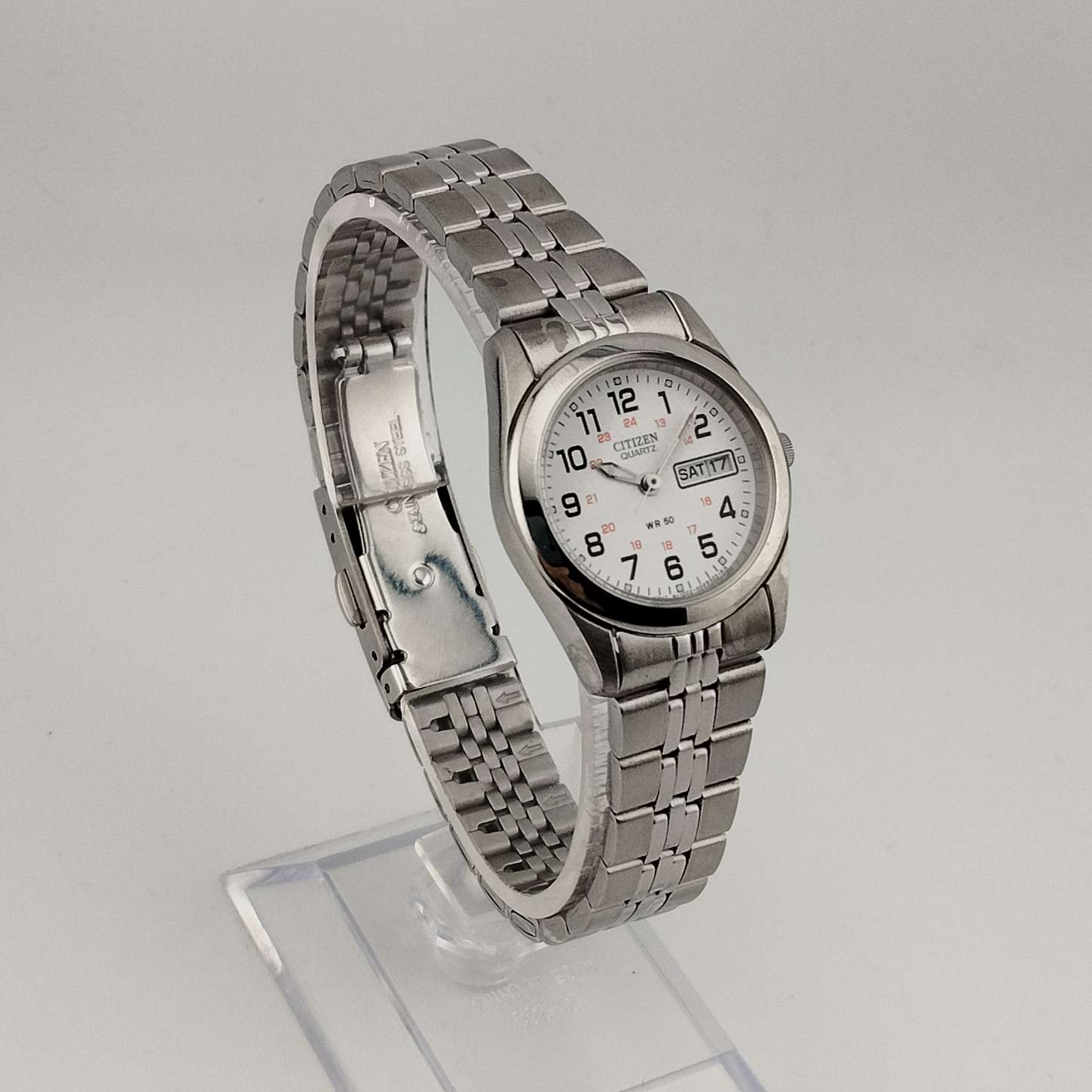 I Like Mikes Mid Century Modern Watches Citizen Men's Silver Tone Quartz Watch, Red Detail, Date and Day Window, Bracelet Strap