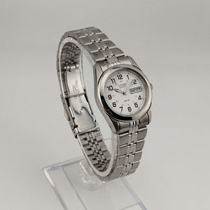 I Like Mikes Mid Century Modern Watches Citizen Men's Silver Tone Quartz Watch, Red Detail, Date and Day Window, Bracelet Strap