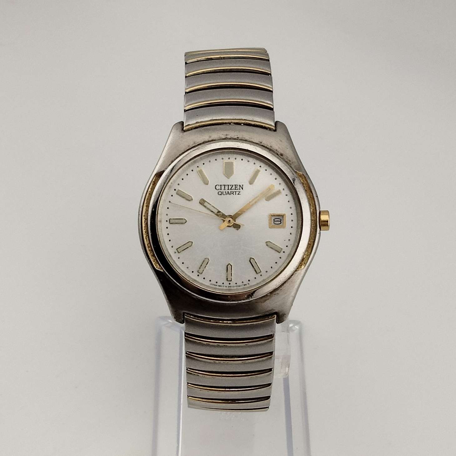 I Like Mikes Mid Century Modern Watches Citizen Men's Silver Tone Watch, Gold Tone Details, Date Window, Stretch Strap