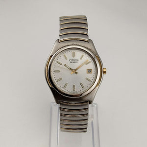 I Like Mikes Mid Century Modern Watches Citizen Men's Silver Tone Watch, Gold Tone Details, Date Window, Stretch Strap