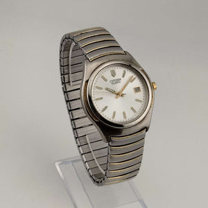 I Like Mikes Mid Century Modern Watches Citizen Men's Silver Tone Watch, Gold Tone Details, Date Window, Stretch Strap