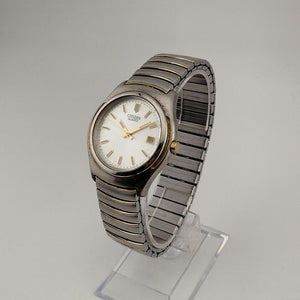 I Like Mikes Mid Century Modern Watches Citizen Men's Silver Tone Watch, Gold Tone Details, Date Window, Stretch Strap