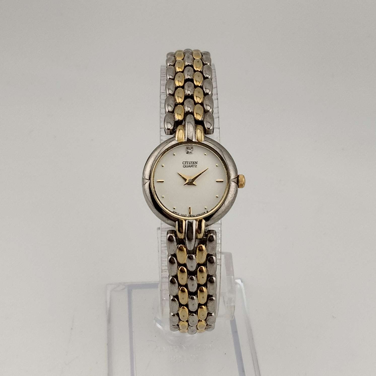 I Like Mikes Mid Century Modern Watches Citizen Mixed Metal Tone Women's Quartz Watch, Circular White Dial, Jewel Detail, Bracelet Strap