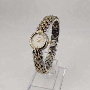 I Like Mikes Mid Century Modern Watches Citizen Mixed Metal Tone Women's Quartz Watch, Circular White Dial, Jewel Detail, Bracelet Strap