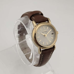 I Like Mikes Mid Century Modern Watches Citizen Petite "Eco-Drive" Gold Tone Watch, White Dial, Date Window, Genuine Brown Leather Strap