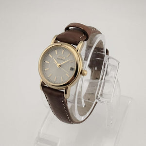 I Like Mikes Mid Century Modern Watches Citizen Petite "Eco-Drive" Gold Tone Watch, White Dial, Date Window, Genuine Brown Leather Strap