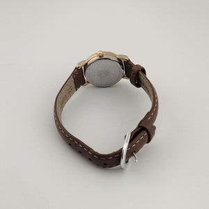 I Like Mikes Mid Century Modern Watches Citizen Petite "Eco-Drive" Gold Tone Watch, White Dial, Date Window, Genuine Brown Leather Strap