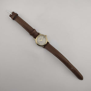 I Like Mikes Mid Century Modern Watches Citizen Petite "Eco-Drive" Gold Tone Watch, White Dial, Date Window, Genuine Brown Leather Strap