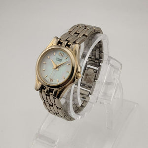 I Like Mikes Mid Century Modern Watches Citizen Petite Gold Tone Watch, Circular Mother of Pearl Dial, Bracelet Strap